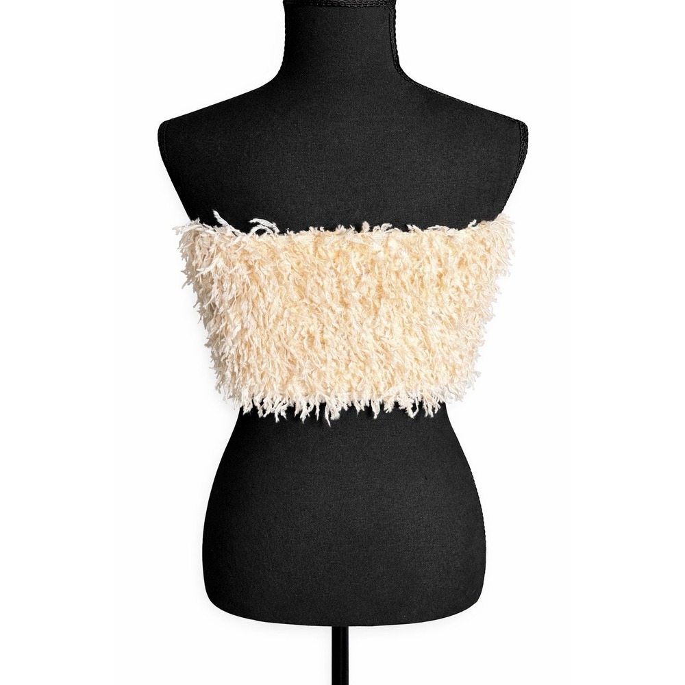 Idem Ditto Strapless Feather Fringe Crop Top Cream Textured Tube Size M - Picture 2 of 5